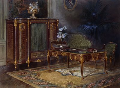 En interiör med en Louis XV-stil Ormolu-monterad och Parkettbyrå Platt och Bibliotheque 43,4 cm., av French School