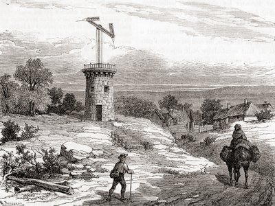 En flygtelegrafpost på 1700-talet, från Les Merveilles de la Science, publicerad ca 1870 (gravyr) av French School