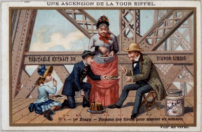En bestigning av Eiffeltornet: man tar krafter på 1:a våningen - chromo. Liébig, deb. 1900-talet av French School