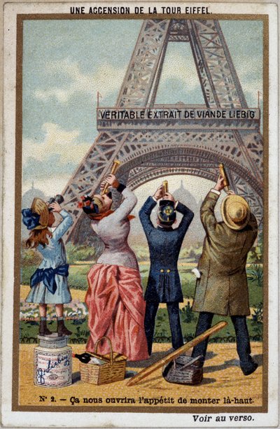 En bestigning av Eiffeltornet: du kan se höjden på tornet vid långvyn - chromo. Liebig, deb. 1900-talet av French School