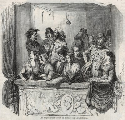 En avant-scenloge vid Luxemburgs teater i Paris på 1800-talet Gravyr i "" Tableau-de-Paris"" av Edmond Texier 1852 av French School