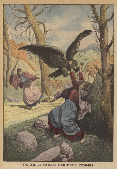 En örn besegrad av två kvinnor (färg litho) av French School