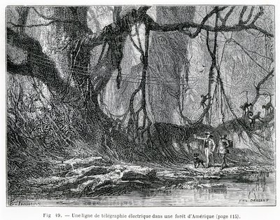 En elektrisk telegraflinje i en amerikansk skog, ca 1870 (gravyr) av French School