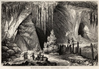 En inre vy av grottan i Antiparos, ö i Kykladerna, teckning av Emile Rouargue (ca 1895-1865), för att illustrera E.A.Spolls besök i grottan i Antiparos, 1859. Gravyr i "Le tour du monde" 1861. Selvas samling. av French School