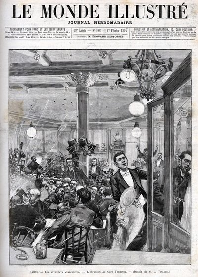 Anarkistiska attacker i Paris i februari 1894. Explosionen vid Terminus Cafe. "Den illustrerade världen" den 17 februari av French School
