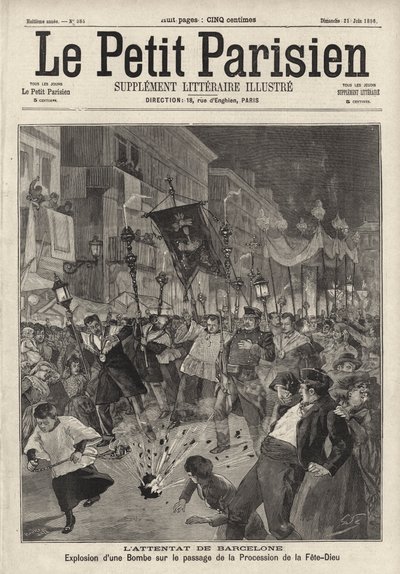 Anarkistisk bombattack mot Corpus Christi procession som lämnar kyrkan Santa Maria, Barcelona, Spanien av French School