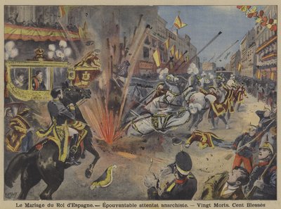 Anarkistisk bombattack mot kung Alfons XIII:s bröllopståg och drottning Victoria Eugenie av Battenberg i Madrid av French School
