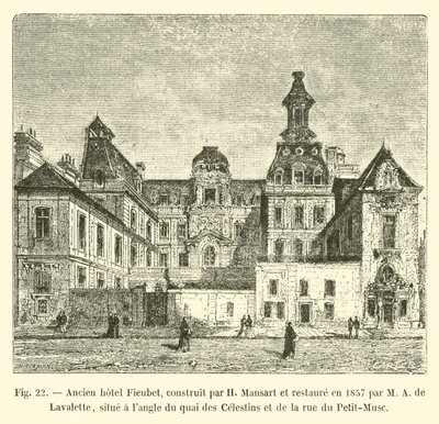 Tidigare Fieubet-hotell, byggt av H Mansart och restaurerat 1857 av M A de Lavalette, beläget i hörnet av Quai des Celestins och Rue du Petit-Musc av French School