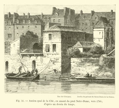 Tidigare quai de la Cite, uppströms från Notre-Dame-bron, omkring 1780; från en teckning av tiden av French School