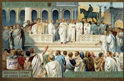 Antikens Rom: tribun som föreslår en ny lag - Liebig Chromolithography, v.1900 av French School