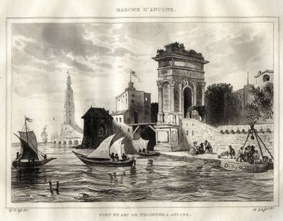 Ancona - Ancona - Italien - Trajanus båge, antikt romerskt verk som tillskrivs Apollodoro - Bågen är placerad i Ancona - Gravyr från "" Italy Picturesque"" - Historisk och beskrivande målning av Italien" av M. de Norvins, Ch. Nodier 1834-1836. av French School