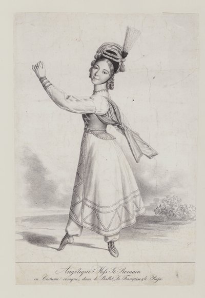 Angelique St Romain Mees i kosackdräkt för baletten La Francaise et le Raja (litho) av French School