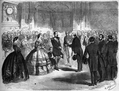 Annexering av Savojen till Frankrike, Paris, 22 mars 1860: mottagande av Amedee Greyfie de Bellecombe (1811-1879) och av Savojens deputation av kejsar Napoleon III (1808-1873) och imponerande Eugenie de Montijo (1826-1920) Tuilerier. Gravyr i "" Le Mo av French School