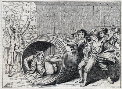 Antisemitförföljelse på 1600-talet: en jude rullar i en tunna av invånare i Rom. Illustration av "" Meo Patacca", dikt av Giuseppe Berneri (1637-1700). Gravyr av Bocourt. av French School