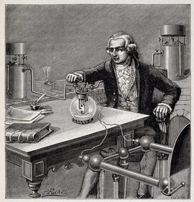 Antoine Laurent de Lavoisier (1743-1794) leder ett experiment - i ""Popular Physics" av Emile Desbeaux av French School