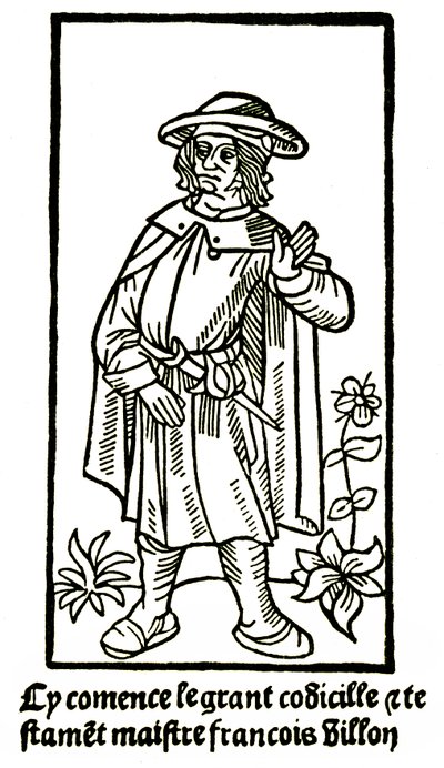 Apokryfiska porträtt av poeten Francois Villon i "Det stora testamentet" - "Cy comence le grant codicille & testamet maistre Francois Villon"" (här börjar grand codicille et testament) utgåva P Levet 1489 (träsnitt) av French School