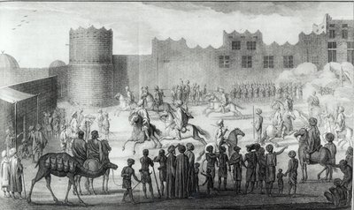 Arab Fighters Exercising in Yemen, från Description of Arabia säkerställde egna observationer och åsikter samlade på samma platser av Carsten Niebuhr, publicerad 1774 av French School