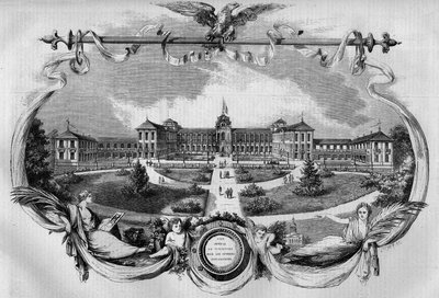 Arkitektur: fasaden på sjukhuset känt som "Imperial Asylum of Vincennes" för konvalescentarbetare som invigdes 1857. Idag kallas det "National Hospital of Saint Maurice", Saint Maurice (94). Gravyr i "" Le Monde Illustré"" nr 20 av 29 augusti 1 av French School