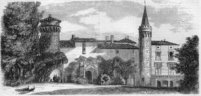 Arkitektur: utsikt över slottet Saint Point (Saint-Point) (1200-talet), residens för Alphonse de Lamartine. Saone och Loire (71). Gravyr i "" Le Monde Illustré"" nr 29 av 31 oktober 1857. av French School