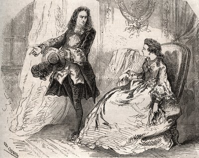 Armande Bejart (1641-1700), hustru till Jean Baptiste Poquelin dit Moliere (1622-1673) med sin älskare, greven av Guiche, gravyr från 1871 i "Histoire Des Cocus Celebres"" av Henry de Kock (1819-1892). av French School