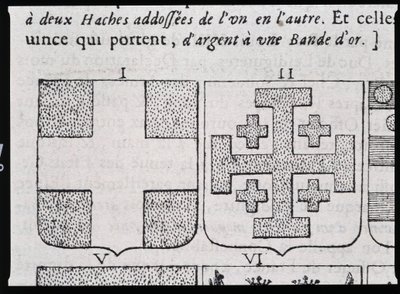 Armes de Montmorency et Godefroy de Bouillon - i "" Den vraye och perfekta vetenskapen om vapenskölden eller indexet över vapen"" av Pierre Paillot av French School