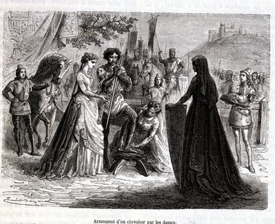 Beväpning av en riddare av damer på 1000-talet - i "Histoire de France" av Martin av French School