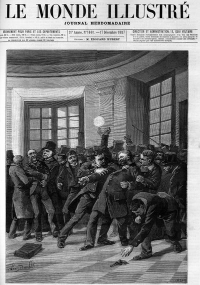 Arrestering av Aubertin efter hans försök till attack mot Jules Ferry vid Palais Bourbon 1887. Omslag till "" The Illustrious World"" från 1887. av French School