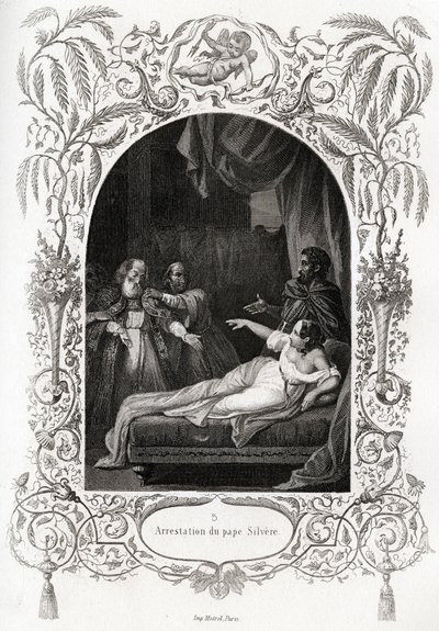 Arrestering av påven Silvere (Silverio) (påven från 536 till 537). Gravyr för att illustrera Histoire des popes av Maurice Lachatre (1814-1900), librairie du progres, Paris. av French School