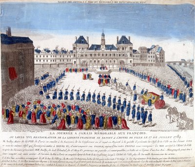 Ankomst av Ludvig XVI till Hôtel de Ville i Paris den 17 juli 1789 - gravyr av French School
