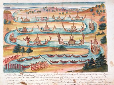De franska ambassadörernas ankomst till Siam, från en redogörelse för jesuiterna i Siam, 1688 (wc på papper) av French School