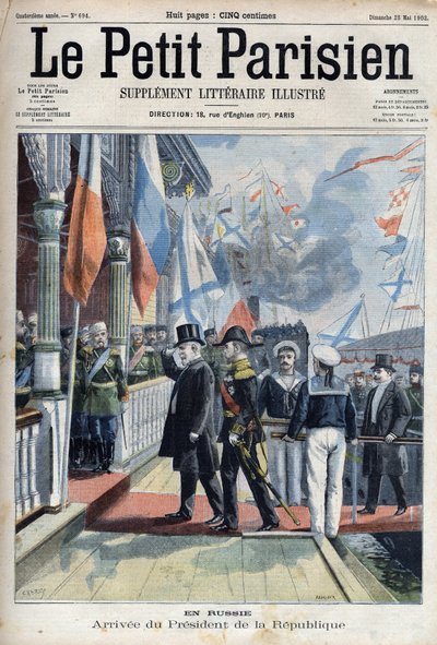 Ankomsten av Frankrikes president Emile Loubet (1838-1929) till Ryssland, i "Le petit Parisien"" av French School