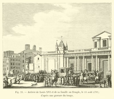 Ankomst av Ludvig XVI och hans familj till templet, 13 augusti 1792; från en gravering av tiden av French School