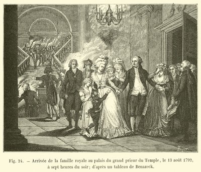 Ankomst av kungafamiljen till palatset till templets Grand Prior, 13 augusti 1792, klockan sju på kvällen; från en målning av Benazeck av French School