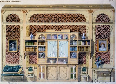 Bibliotek i jugendstil, illustration från tidningen Interieurs Modernes (Modern Interiors) av French School