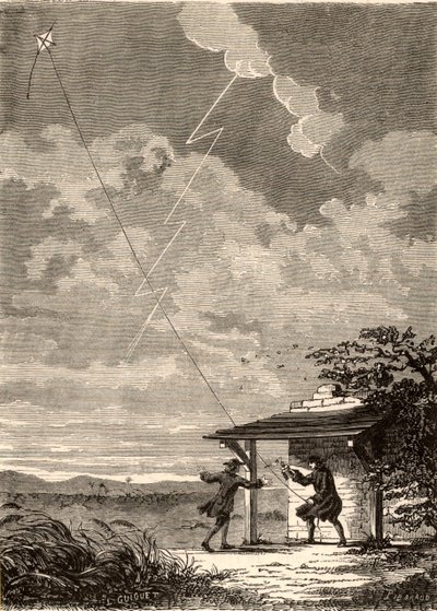 Konstnärsillustration av Benjamin Franklins undersökning av blixtens elektriska natur, från "Les Merveilles de a Science", av Louis Figuier, ca 1870 (gravyr) av French School