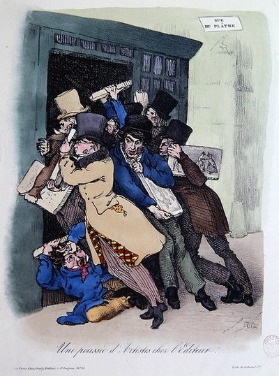 Konstnärer som belägrar förlagets dörr, ca 1830 (lito i färg) av French School