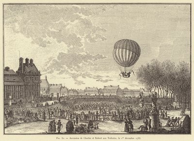 Charles och Roberts himmelsfärd till Tuilerierna, 1 december 1783 (gravyr) av French School