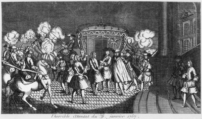 Mordförsök på kung Ludvig XV (1710-74) av Robert Francois Damiens den 5 januari 1757 av French School