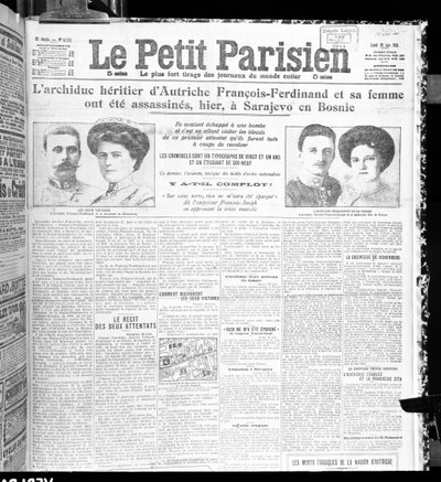 Mordet på ärkehertig Franz Ferdinand av Österrike (1863-1914) och hans fru, från Le Petit Parisien, 29 juni 1914 av French School