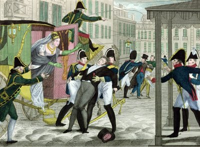 Louis Louvel mördar Charles-Ferdinand av Frankrike (1778-1820), hertig av Berry, framför operahuset på rue de Richelieu av French School