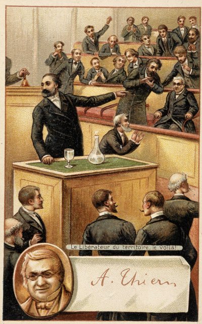 Församlingen hejar Thiers, "" befriare av territoriet"" och porträtt i medaljong - kromo., sent 1800-tal. av French School