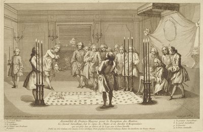 Församling av frimurare före initieringen av en mästare, från The Ceremonies of Religion and Custom c.1733 av French School