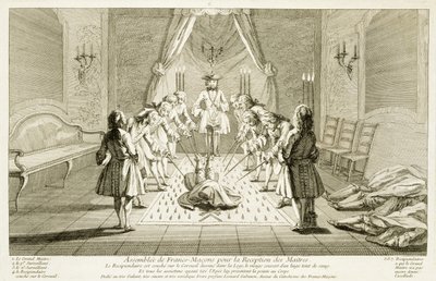 Församling av frimurare för initiering av en mästare, från The Ceremonies of Religion and Custom, c.1733 av French School