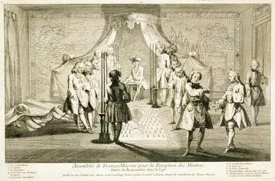 Assembly of Free Masons for the Initiation of a Master, kandidatens ingång till logen, från The Ceremonies of Religion and Custom, c.1733 av French School