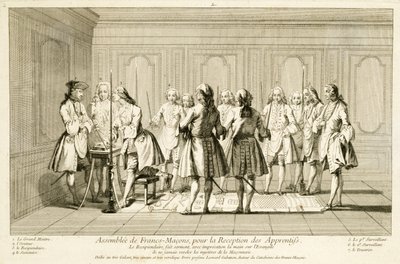 Assembly of Free Masons to Initiate an Apprentice, från The Ceremonies of Religion and Custom, c.1733 av French School