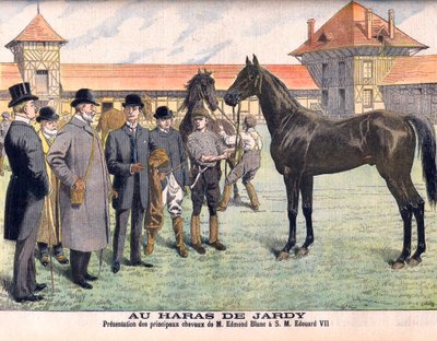 Vid stuteriet Jardy utanför Paris (Marnes-la-Coquette). Uppfödaren Edmond Blanc visar sina bästa hästar för kung Edward VII. Jardy Stud. Presentation av Mr Edmond Blancs huvudhästar för HM Edouard VII (1841-1910). Illustration för Le petit Journal av French School