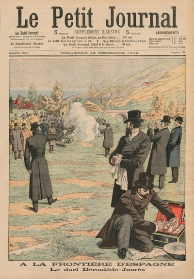 Vid den spanska gränsen, duell mellan Paul Deroulede och Jean Jaures, illustration från Le Petit Journal, Supplement illustre, 18 december 1904 av French School