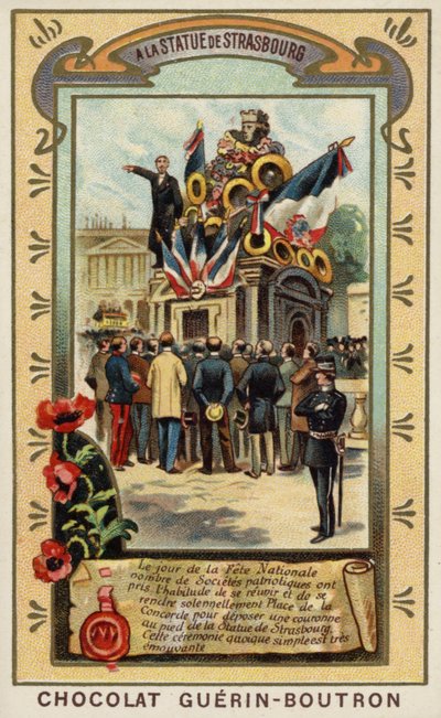 Vid statyn av Strasbourg, Place de la Concorde, Paris (chromolitho) av French School
