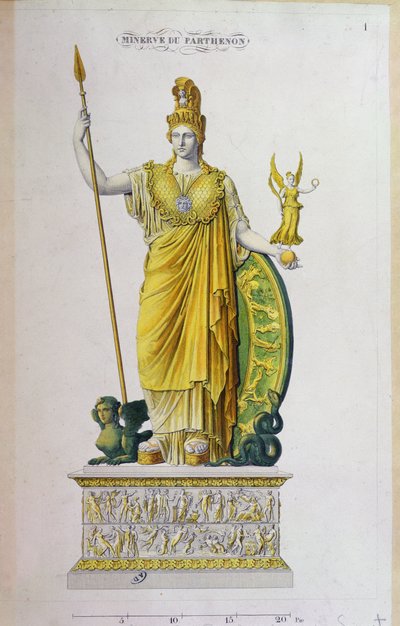 Athena Parthenos, staty från Parthenon, Aten (färggravyr) av French School