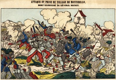 Attack och tillfångatagande av byn Montebello, general Beurets härliga död 1859. Bild på Epinal av French School